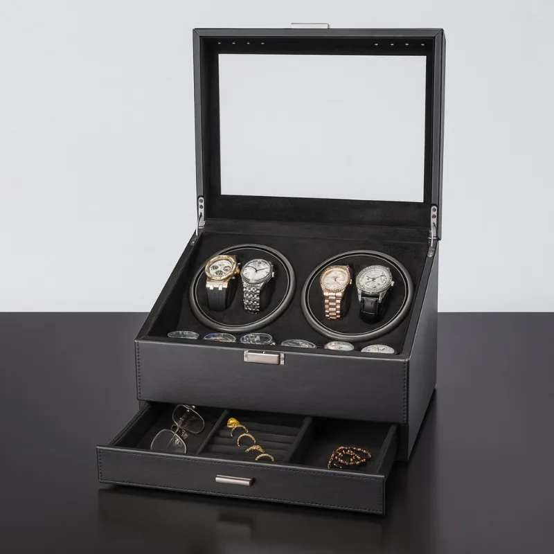 Luxury 4+6 Automatic Watch Winder Box, PU Leather and MDF Jewelry Organizer, Silent Motor Rotation, Multiple Modes, USB-C Power, Elegant Display Case for Mechanical Wristwatches, Men and Women Gift - 图片 7