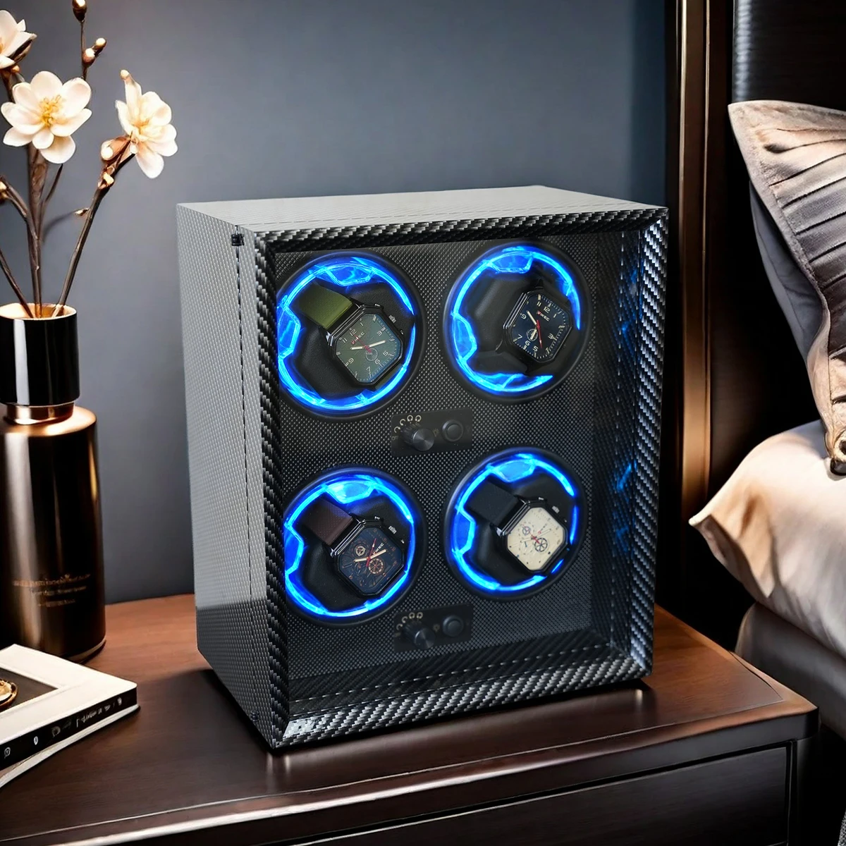 Automatic 4-Slot Watch Winder Box with Blue LED Light, Black Walnut, Red and Carbon Fiber Variants, Soft High-Elastic Memory Foam Pillows, Lid Stop Function, Ultra-Quiet Japanese Motor, USB & AC Powered, Ideal Gift for Luxury Watches - 图片 3