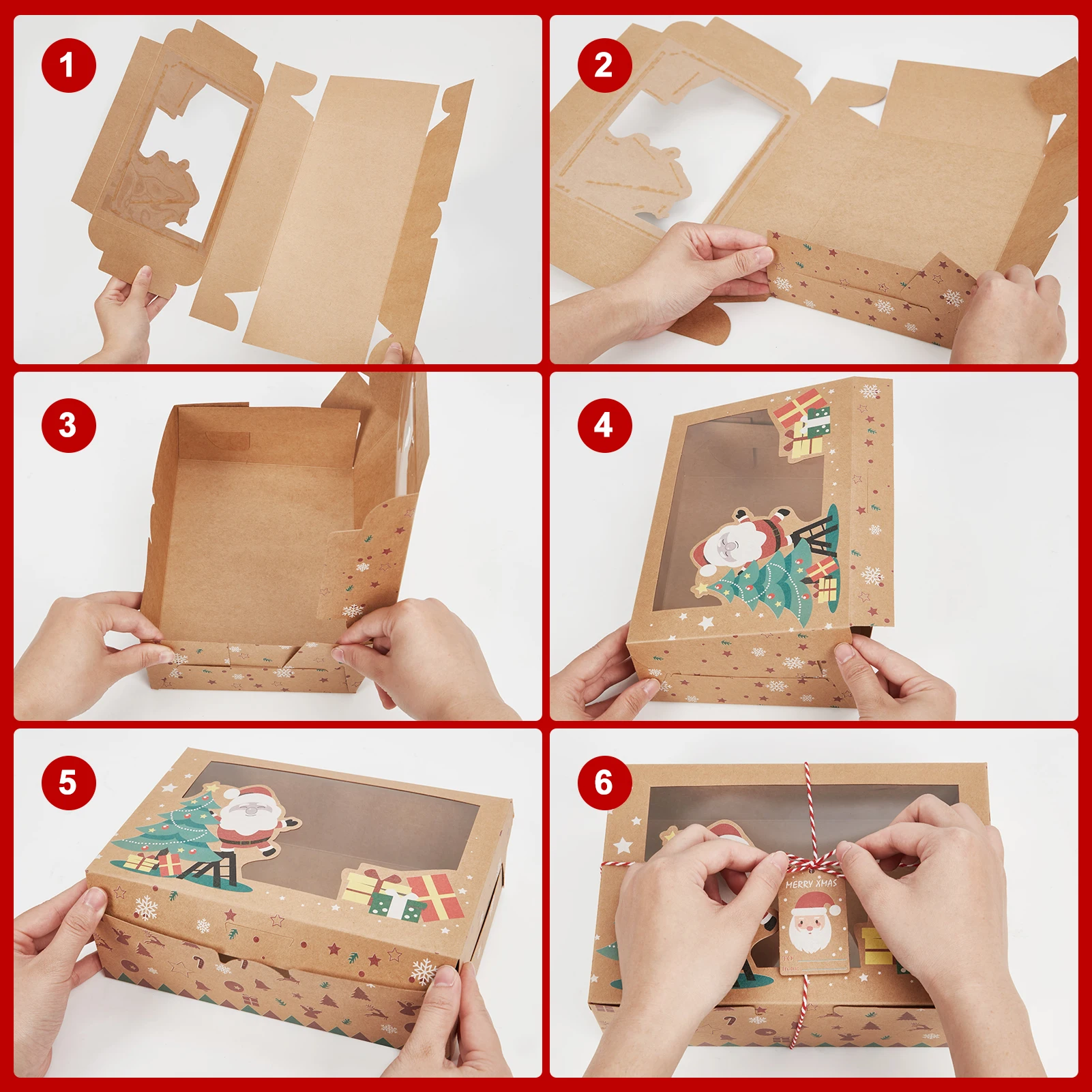 12Pcs Christmas Cookie Boxes with Window, Foldable Kraft Bakery Gift Packaging for Cupcakes, Candy, Pastries, Chocolates, Holiday Treat Boxes with Tags and Red White Twine for Party Favors 3