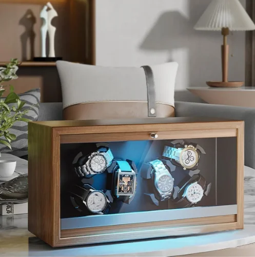 Automatic 6-Slot Watch Winder Box with Blue LED Light, Black Walnut Finish, Soft Memory Foam Pillows, Lid Sensor, Six Rotation Modes, Super Quiet Japanese Motor, PU Interior, AC Adapter Included, Ideal Gift for Luxury Watches - 图片 2