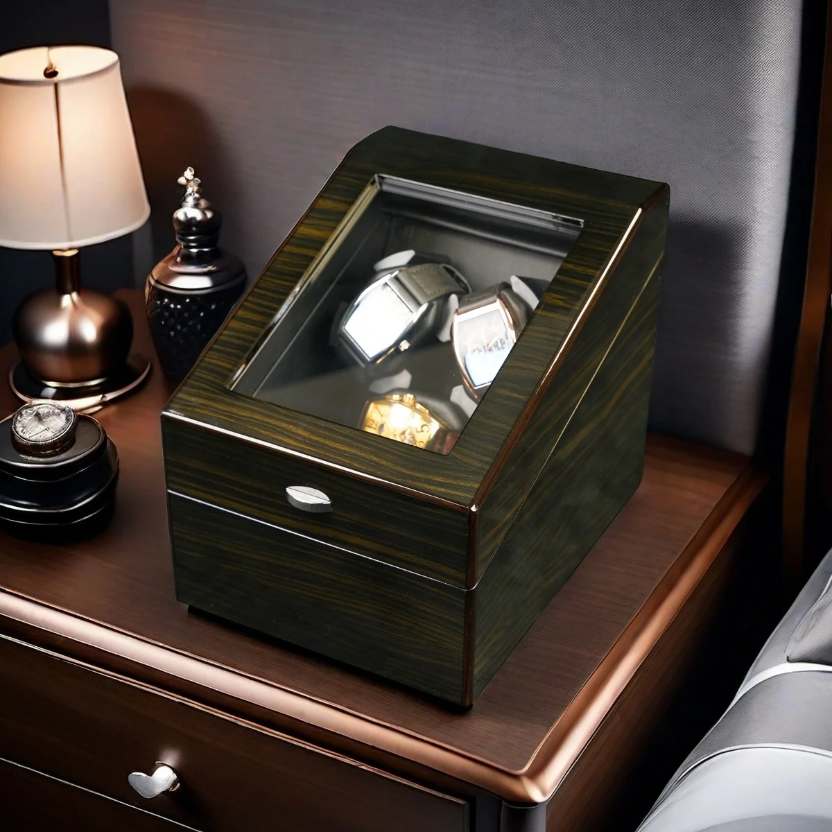 Automatic Wooden Style Watch Winder Box 3+3 / 6+6 Slots with Blue LED Lighting, Quiet Mabuchi Motor, Lid Sensor Stop Function, MDF + PU Leather Organizer Case for Mechanical Watches, Gift Display Storage - 图片 5