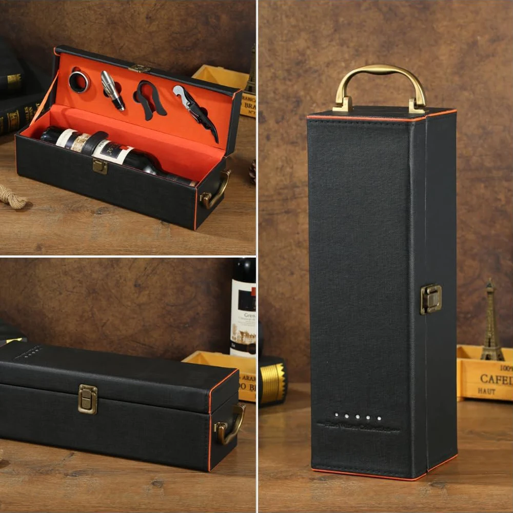 Single Wine Bottle Gift Box with Accessories Set – PU Leather Portable Carrying Case with Handle, Elegant Bottle Holder and Wine Tools for Home, Party, Gifting, and Collection Single Wine Bottle Gift Box with Accessories Set – PU Leather Portable Carrying Case with Handle, Elegant Bottle Holder and Wine Tools for Home, Party, Gifting, and Collection
