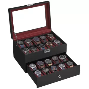 20-Slot Two-Layer Watch Box with Lockable Glass Lid, Velvet-Lined Watch Display Case, Removable Cushions, Medium Density Fiberboard & PU Storage Organizer for Watches and Jewelry, Elegant Home & Office Display