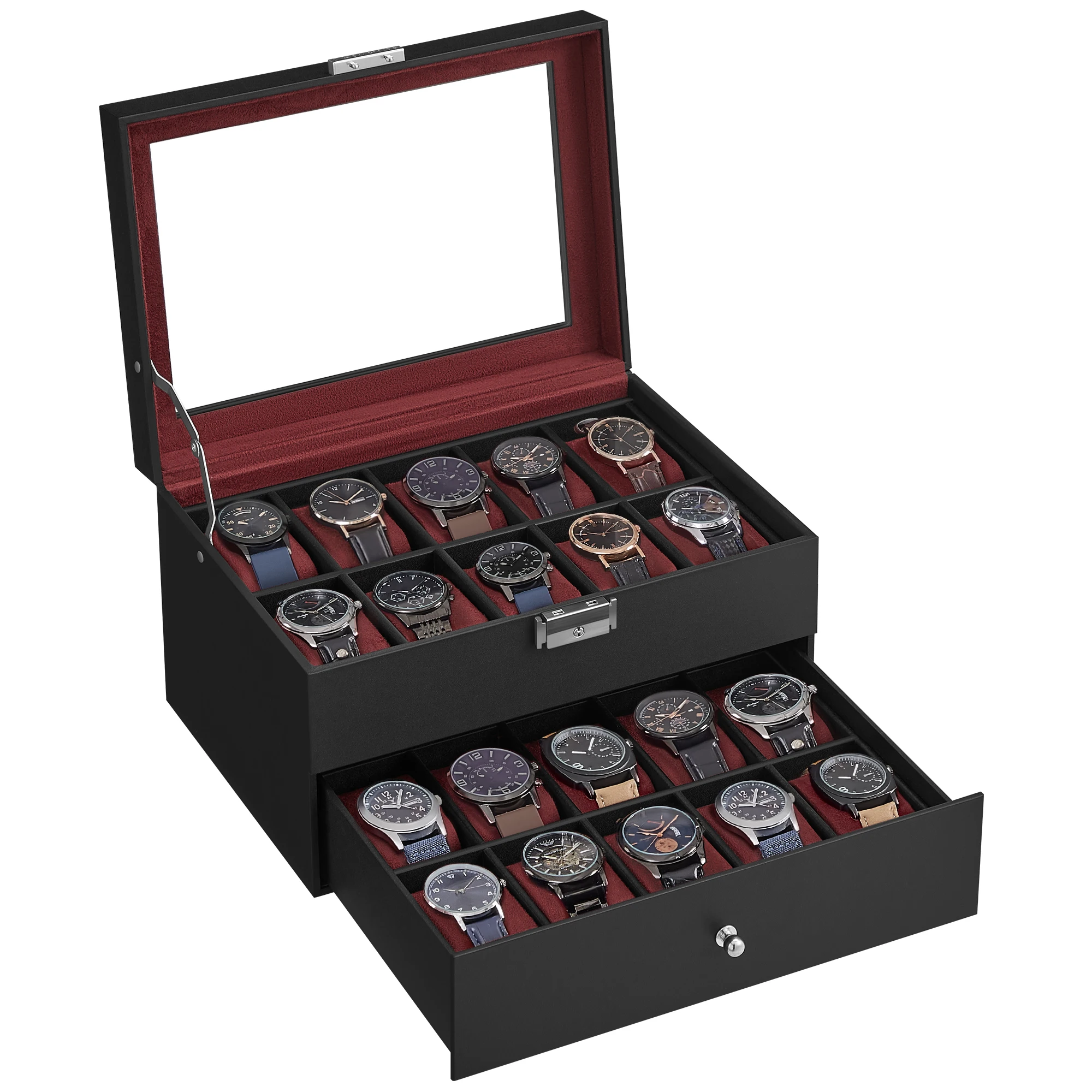 20-Slot Two-Layer Watch Box with Lockable Glass Lid, Velvet-Lined Watch Display Case, Removable Cushions, Medium Density Fiberboard & PU Storage Organizer for Watches and Jewelry, Elegant Home & Office Display
