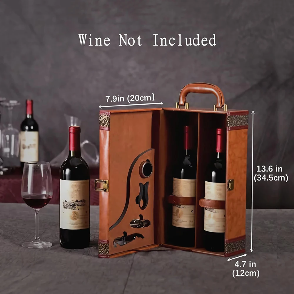 2 Bottle Wine Gift Box with 4 Accessories Set – PU Leather Portable Wine Carrier Tote, Dual Bottle Storage and Presentation Box for Home Display, Business Gifting, and Wine Collection - 图片 3