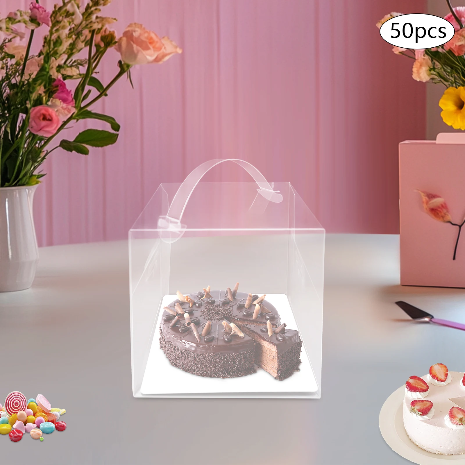 50pcs Clear PET Square Cake Boxes with Handles, 13x13x13cm Assembly Required, Food-Safe Plastic and Cardboard Dessert Packaging, Cupcake and Cookie Containers for Bakery, Birthday, Wedding, Party 4