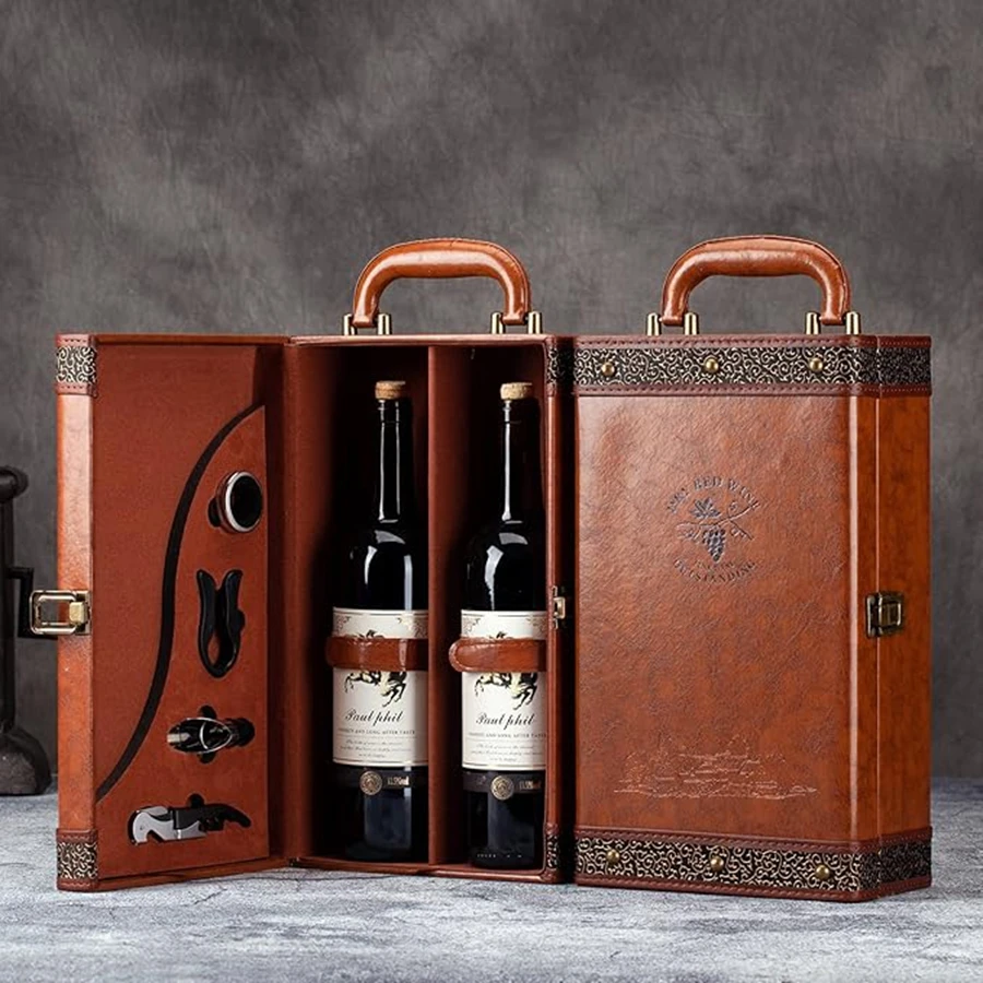 2 Bottle Wine Gift Box with 4 Accessories Set – PU Leather Portable Wine Carrier Tote, Dual Bottle Storage and Presentation Box for Home Display, Business Gifting, and Wine Collection 5