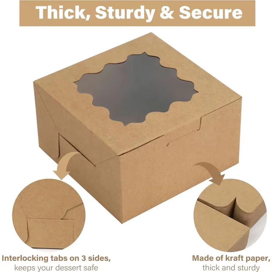 50/100Pcs Kraft Paper Cake Boxes with Clear Window, 4x4x2.5 Inch Cardboard Dessert Containers for Pastries, Macarons, Chocolates, Biscuits, Cookies and Bakery Packaging Supplies - 图片 3