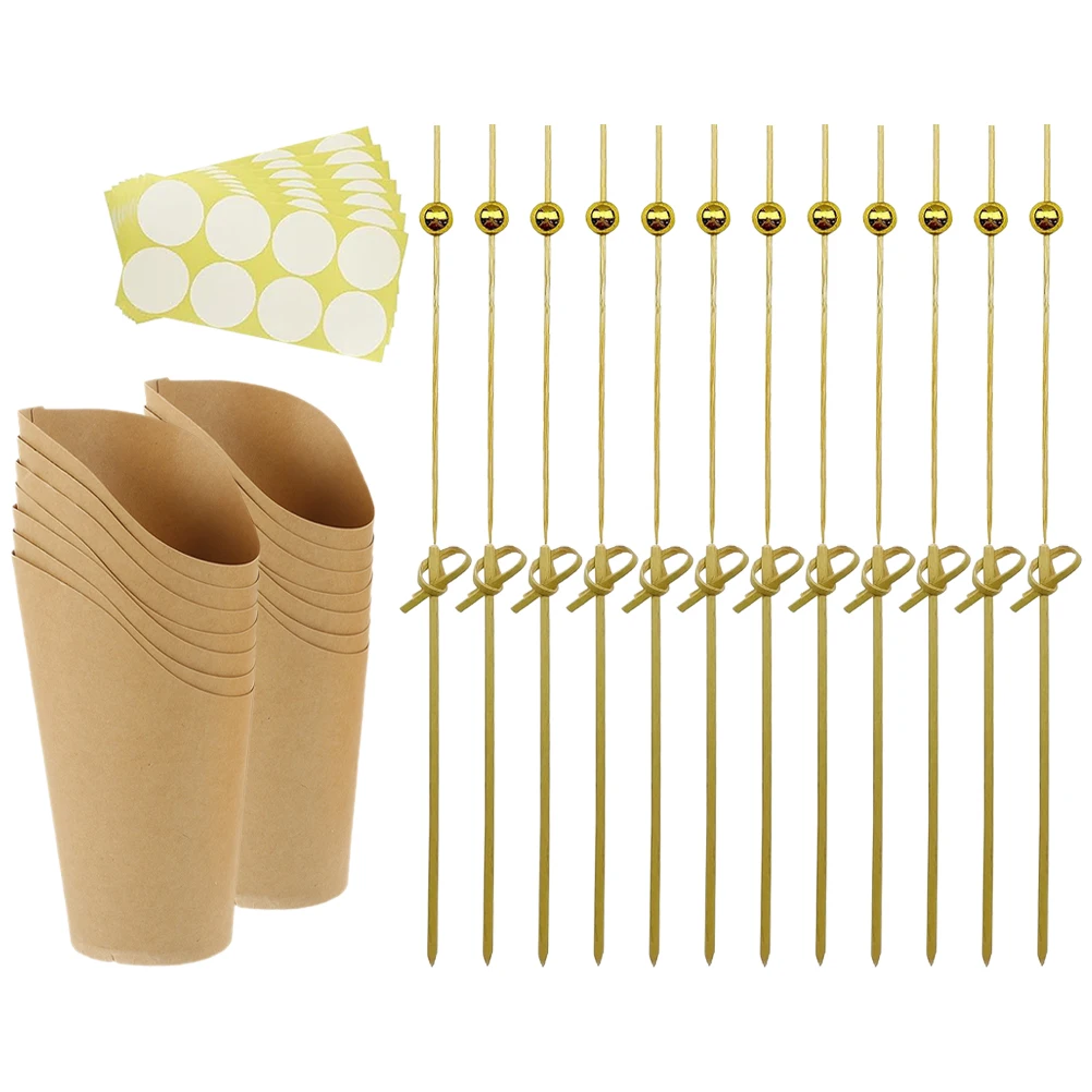 1 Set Kraft Paper Snack Cups with Bamboo Picks and Label Sheets, 12oz Disposable French Fries Holders Popcorn Candy Dessert Food Containers for Birthday Wedding Party Supplies and Takeout Packaging 2