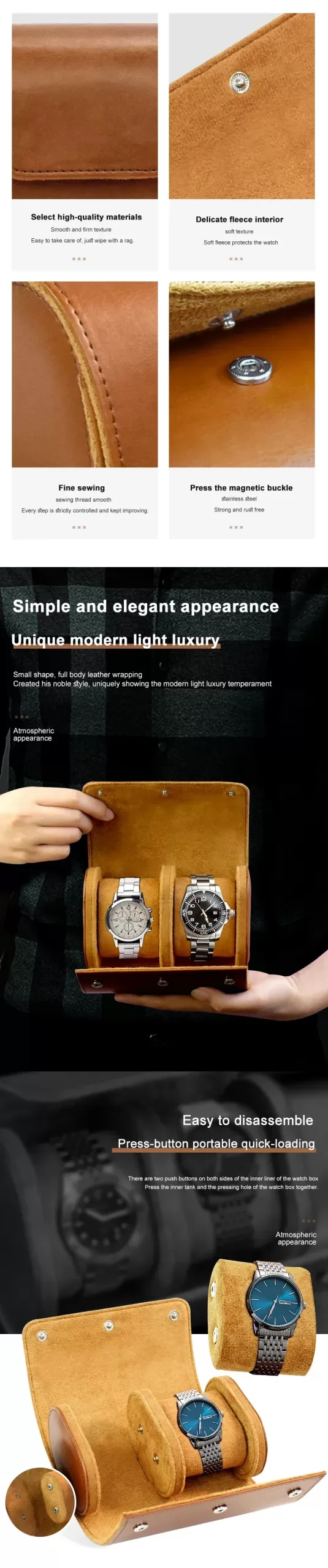 Travel Watch Organizer | Premium PU Leather Watch Roll Case for 2 or 3 Watches, Portable Travel Storage Organizer for Men, Vintage Style Watch Display Box with Soft Lining, Black Grey Blue Green Brown Compact Carry Bag 7