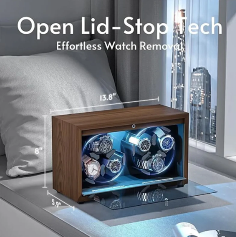 Automatic 6-Slot Watch Winder Box with Blue LED Light, Black Walnut Finish, Soft Memory Foam Pillows, Lid Sensor, Six Rotation Modes, Super Quiet Japanese Motor, PU Interior, AC Adapter Included, Ideal Gift for Luxury Watches 1