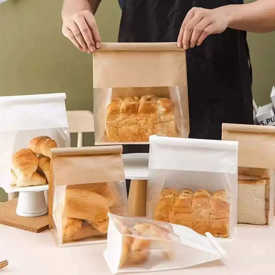 10 Pack Kraft Paper Bread Bags with Transparent Window – Oil-Resistant Toast, Cookie, and Breakfast Packaging Pouches for Party Food and Homemade Baked Goods