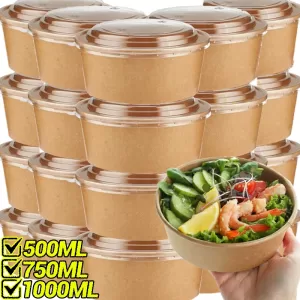 10-Pack Kraft Paper Salad Bowls with Lids Biodegradable Disposable Tableware for Meal Prep Takeout Bento Food Containers Eco-Friendly Portable 500ml 750ml 1000ml