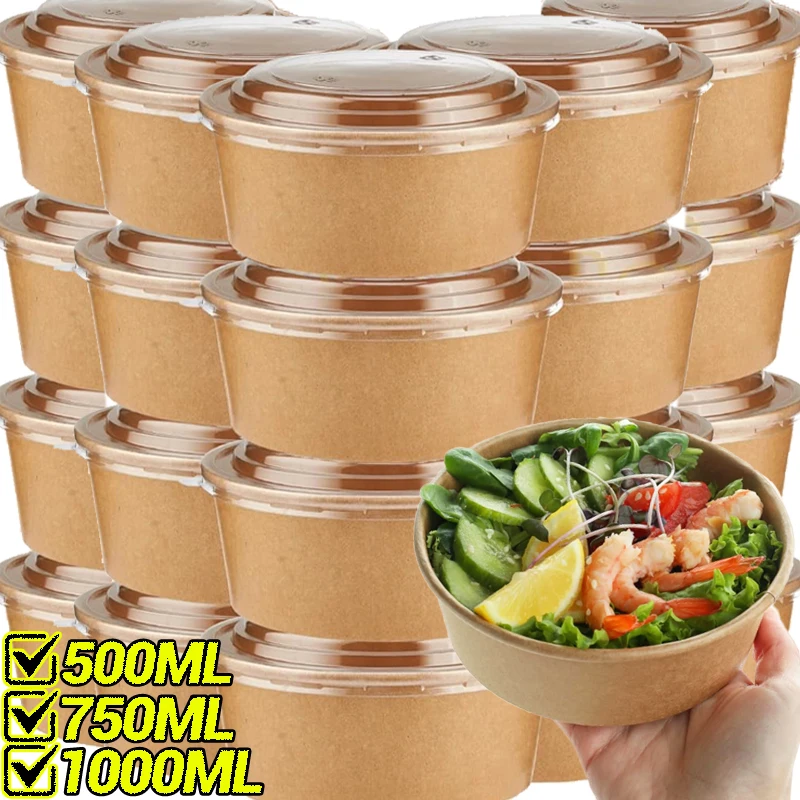 10-Pack Kraft Paper Salad Bowls with Lids Biodegradable Disposable Tableware for Meal Prep Takeout Bento Food Containers Eco-Friendly Portable 500ml 750ml 1000ml
