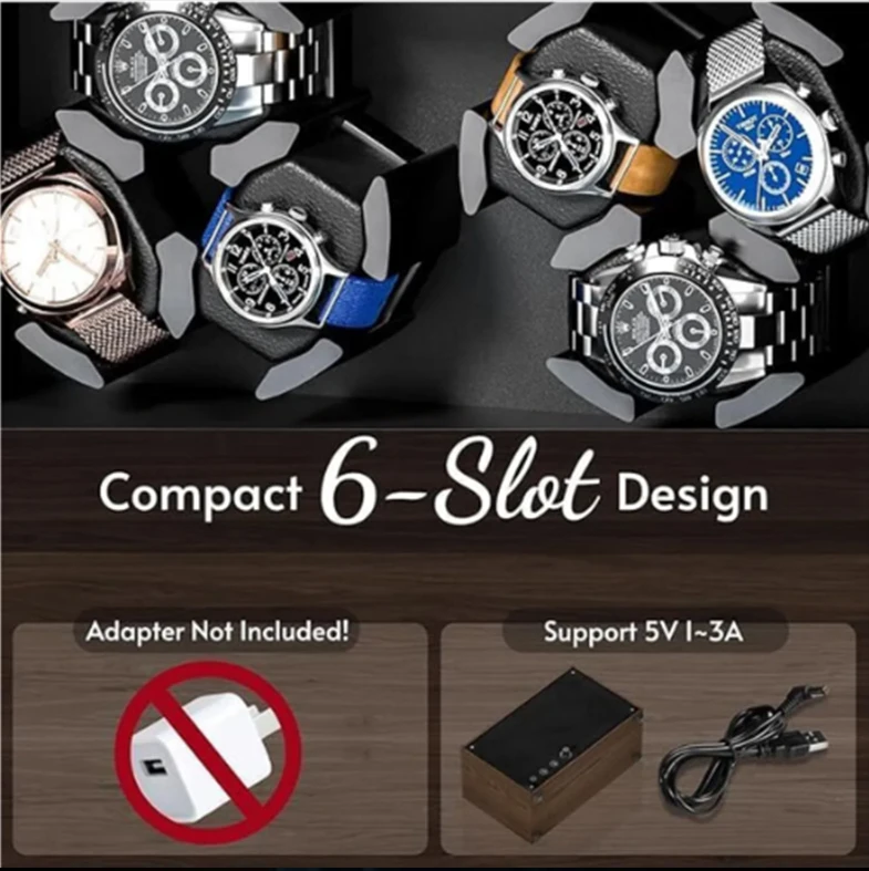 Automatic 6-Slot Watch Winder Box with Blue LED Light, Black Walnut Finish, Soft Memory Foam Pillows, Lid Sensor, Six Rotation Modes, Super Quiet Japanese Motor, PU Interior, AC Adapter Included, Ideal Gift for Luxury Watches 3