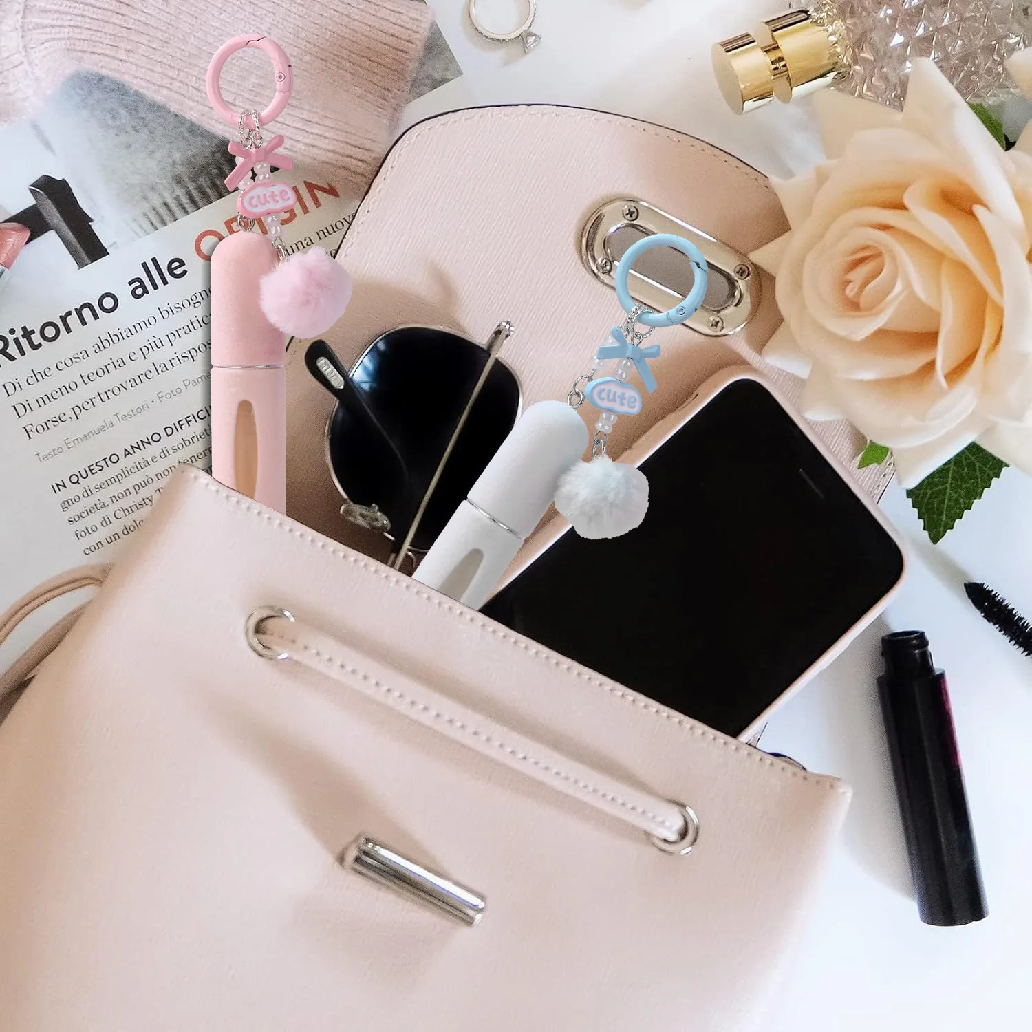 New Plush Hanging J-Piece Refillable Perfume Bottle Keychain 5ml Mini Travel Atomizer with Bottom Filling Charger Design, Cute Portable Cosmetic Sub-Bottling Container for Girls and Gift Use - 图片 4
