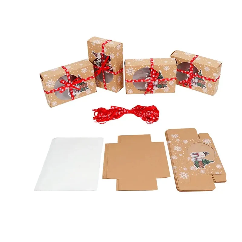 12pcs Christmas Cookie and Doughnut Paper Boxes with Clear Window, Bakery Gift Boxes with Festive Ribbons for Holiday Parties, Treat Packaging, Holiday Cookie Gift Presentation - 图片 5