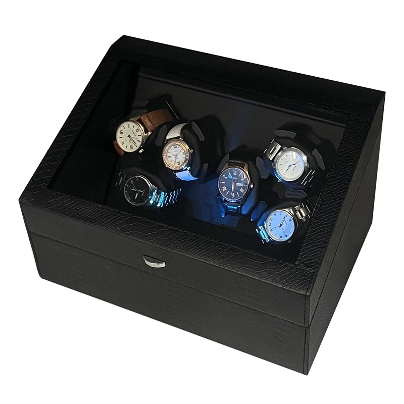 Deluxe Automatic Watch Winder Box for 6 Timepieces with Extra Storage, Quiet Motor, Blue LED Light, Welcome Mode Function, Multiple Rotation Settings, Black MDF PU Organizer with USB Power Adapter - 图片 3