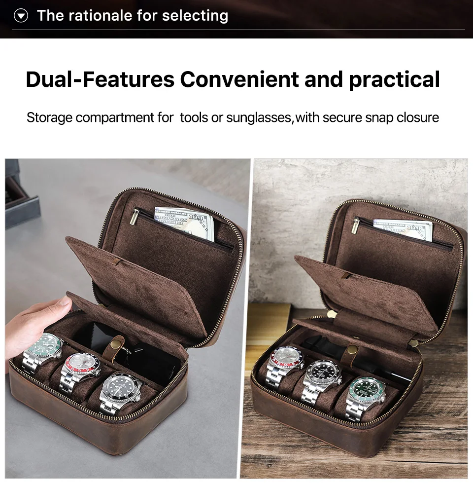 Travel Watch Organizer | Premium Retro Genuine Leather Travel Organizer for Watches, Sunglasses and Jewelry with Soft Velvet Lining, Multi-slot Storage Box, Elegant Gift Case for Men and Women, Portable and Durable Luxury Design 6