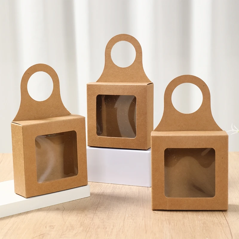 10pcs Kraft Paper Wine Gift Packaging Boxes with Window – Folding Hanging Candy, Biscuit, and Cookie Boxes, Reusable Black/White Cardboard Paper Packaging for Gifts and Parties 8