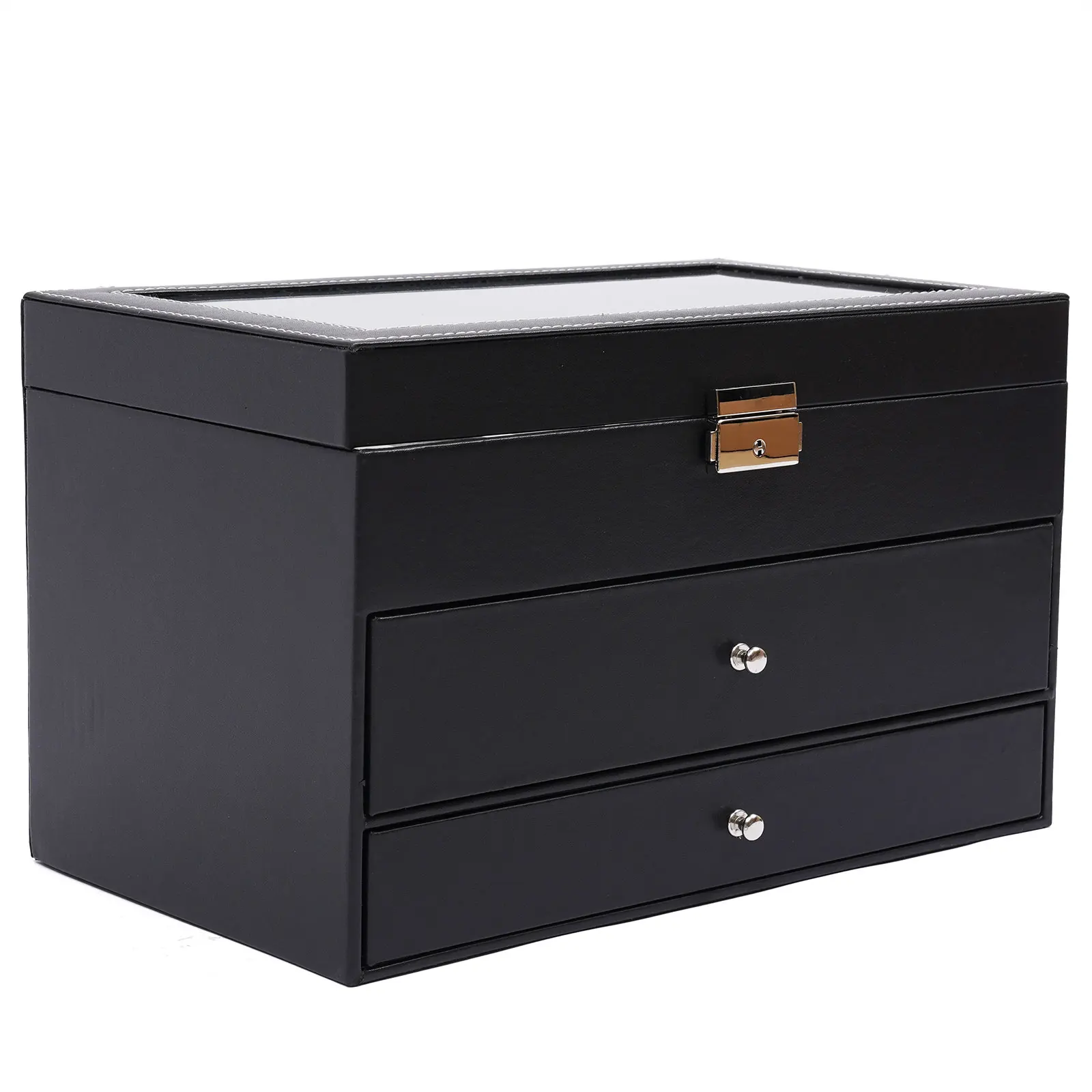 3-Layer Black PU Leather Watch and Eyeglasses Organizer with Glass Lid, Metal Buckle, Velvet-Lined Jewelry Display Drawer, Multi-Compartment Storage Case for Watches, Sunglasses, Rings, Bracelets, Necklaces 3