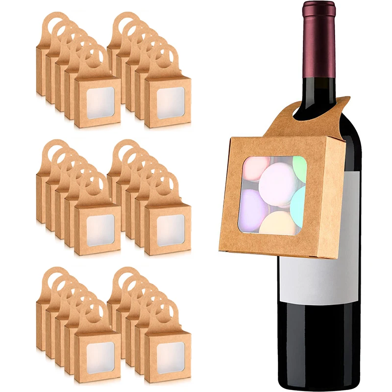 30Pcs Kraft Paper Wine Bottle Gift Boxes with Transparent Window – Hanging Foldable Recyclable Packaging Boxes for Wedding, Party, and Holiday Gift Display - 图片 7