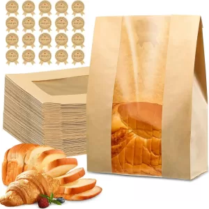 50PCS Kraft Paper Bread Bags with Window, Tear-Resistant Sourdough Bakery Bag with Cute Sealing Stickers, Oil-Proof Moisture-Proof Food Storage Bags for Cookies, Snacks, Sandwich, Cafe, Party and Home Baking