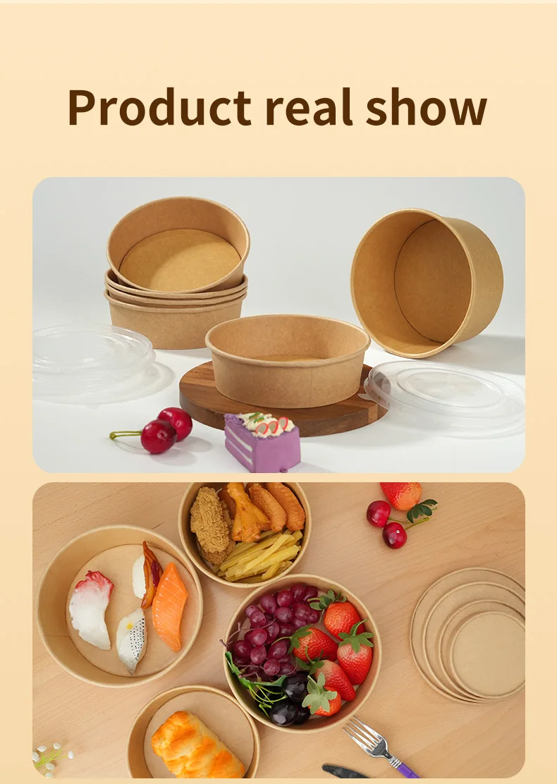25pcs Kraft Paper Round Bowls Lunch Box Bento Box Food Containers with Lid Disposable Takeaway Soup Salad Noodles Meal Prep Eco-Friendly Food Storage for Picnic Party Travel 6