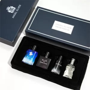 Luxury Empty Perfume Bottle Set with Gift Box – 4 Refillable Men’s Containers, 120ml Total, Glass / PET / Acrylic / Metal Bottles with Alloy, ABS, or Wood Caps, Premium Paperboard, Kraft, or Recycled Box with Matte, Glossy, or Embossed Finish, Velvet, Satin, or EVA Foam Interior