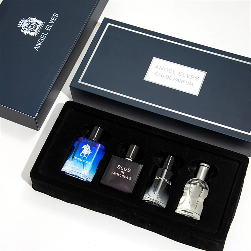Luxury Empty Perfume Bottle Set with Gift Box – 4 Refillable Men’s Containers, 120ml Total, Glass / PET / Acrylic / Metal Bottles with Alloy, ABS, or Wood Caps, Premium Paperboard, Kraft, or Recycled Box with Matte, Glossy, or Embossed Finish, Velvet, Satin, or EVA Foam Interior