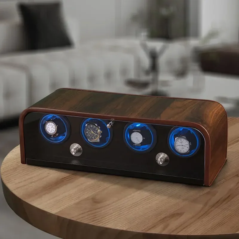 Elegant Wooden Automatic Watch Winder Box with Silent Motor, 5-Speed Adjustable Settings, LED Ambient Light, Anti-Magnetization, Vertical Winding, Cover Stop Function, Battery or Plug-In Power Options - 图片 4