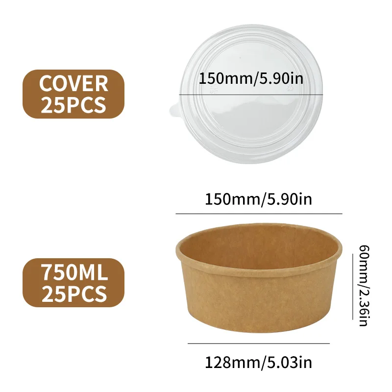 25pcs Kraft Paper Round Bowls Lunch Box Bento Box Food Containers with Lid Disposable Takeaway Soup Salad Noodles Meal Prep Eco-Friendly Food Storage for Picnic Party Travel - 图片 11