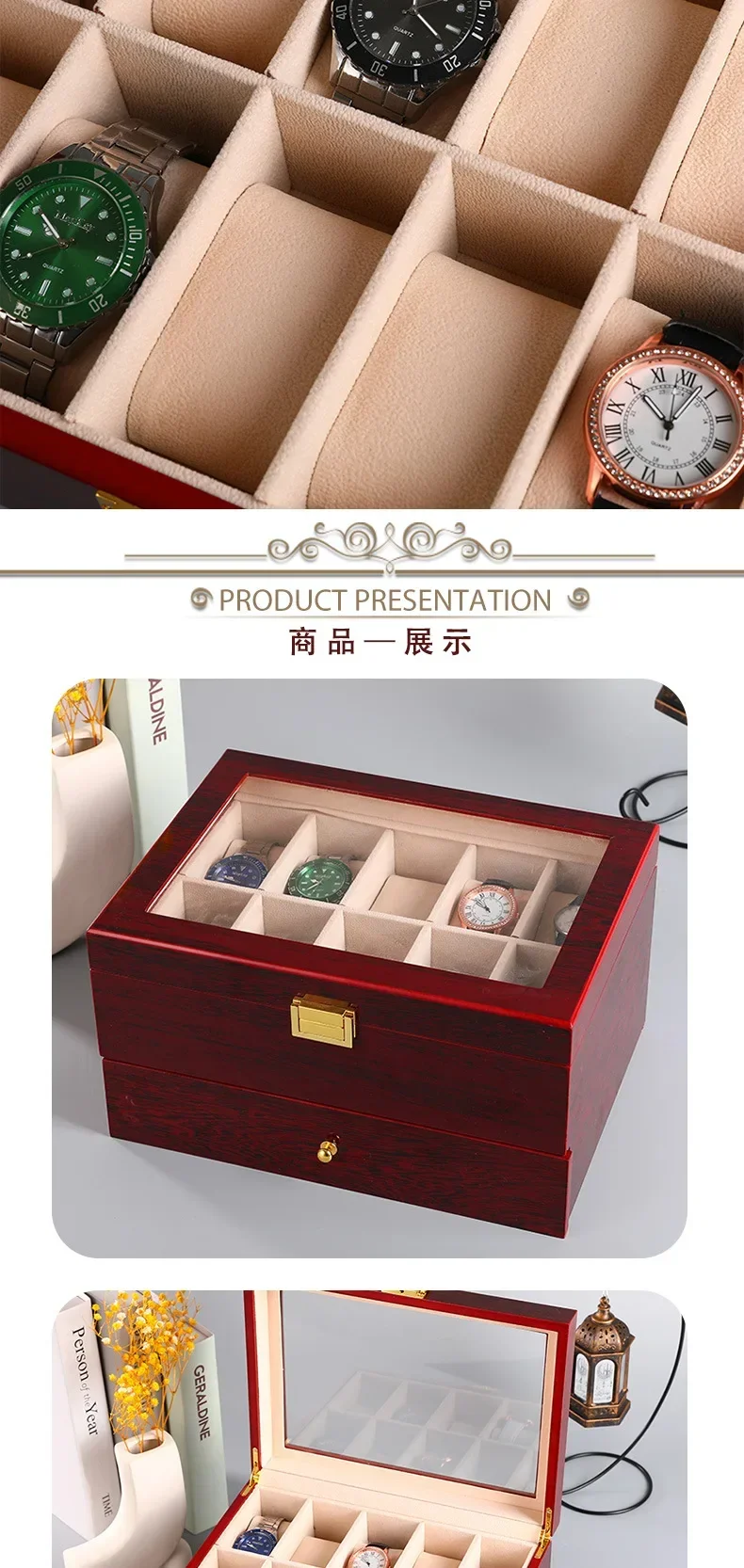 Wooden Watch Storage Box with 1/2/3/5/6/10/12 Slots, Piano-Bake-Paint Finish, Jewelry Organizer for Men & Women, Travel and Home Display Case for Watches, Bracelets, Small Gifts, Elegant MDF Construction 4
