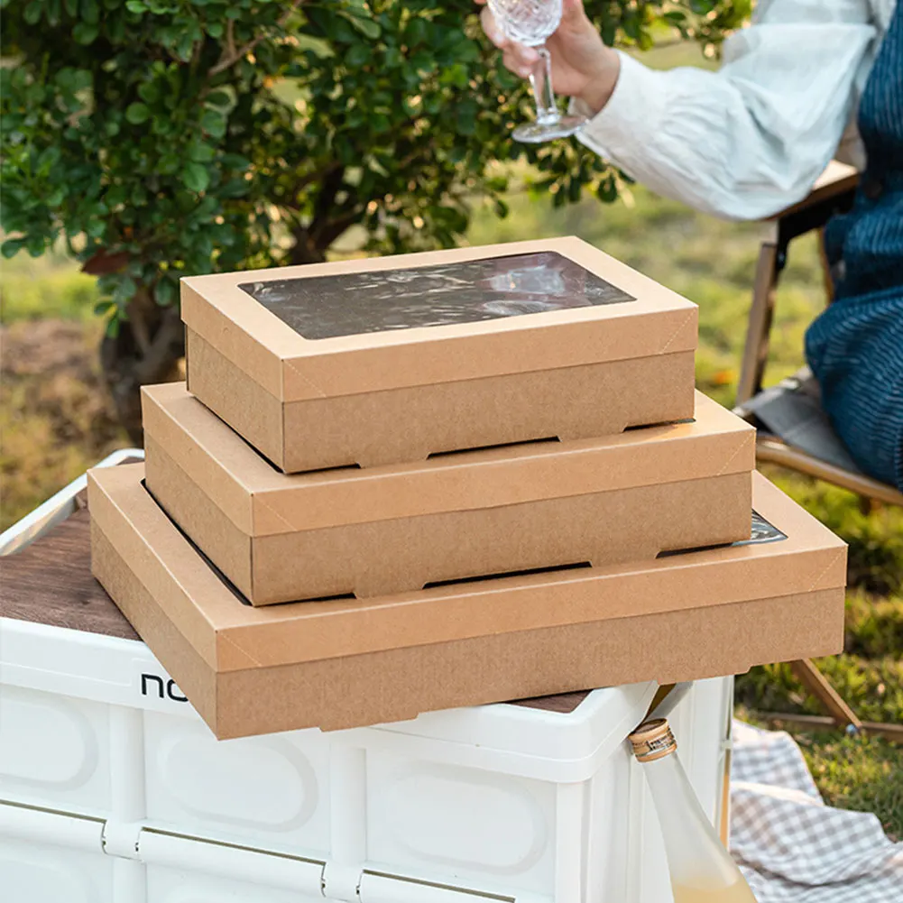 2Pcs Disposable Picnic Lunch Box Food Containers with Lid, Kraft Paper Bento Box for Fried Chicken, Salad, Cake, Takeout, Outdoor Camping, Birthday Party Supplies, Corrugated Paper Takeaway Packing Box 3