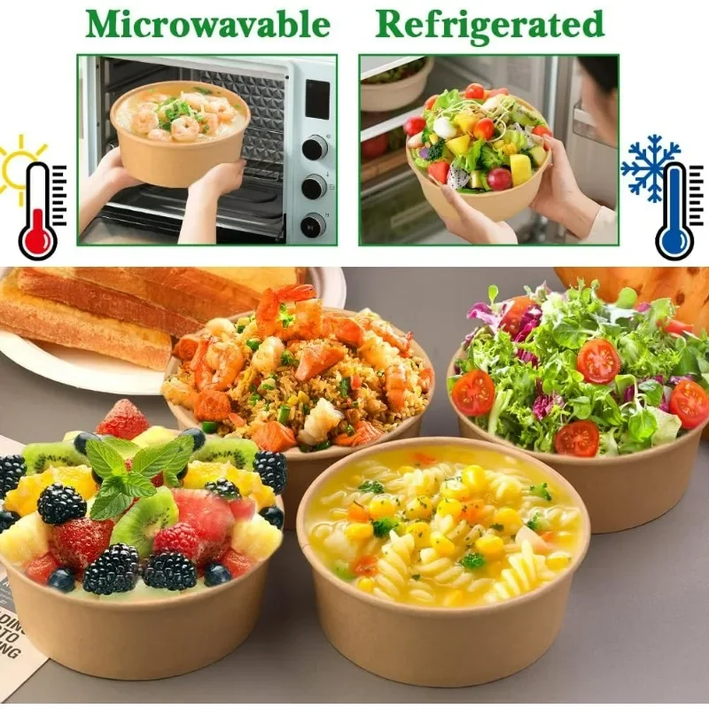 10-Pack Kraft Paper Salad Bowls with Lids Biodegradable Disposable Tableware for Meal Prep Takeout Bento Food Containers Eco-Friendly Portable 500ml 750ml 1000ml - 图片 5