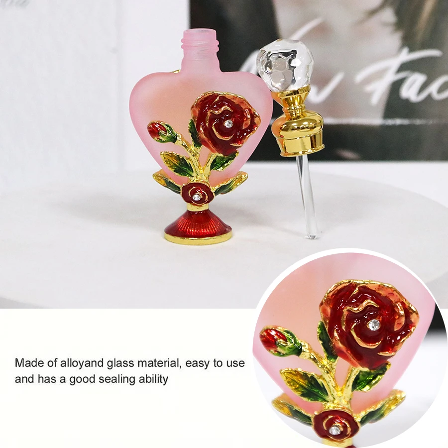 10ml Luxury Rose Flower Glass Bottle with Metal Copper Cap and Stainless Steel Insert – Elegant Heart-Shaped Refillable Container for Essential Oils, Serums, Boutique Packaging, Travel and Gift Presentation 4