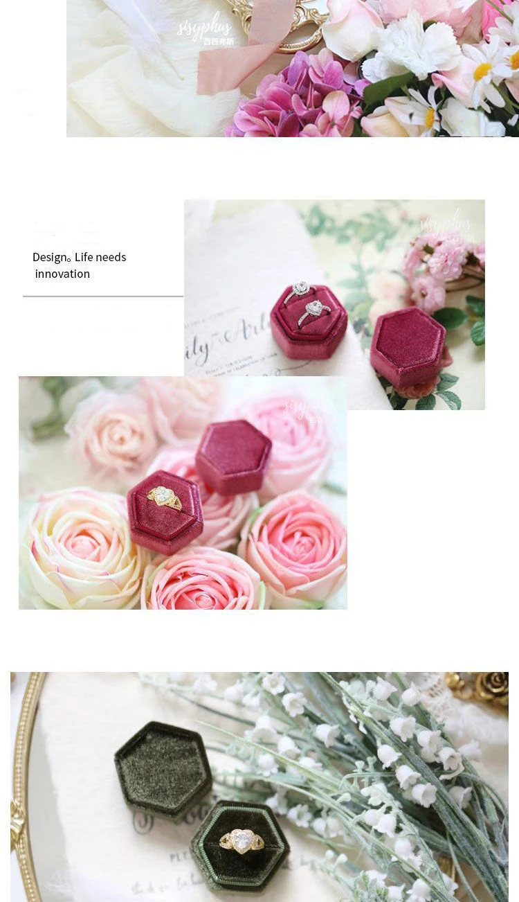 Vintage Hexagon Velvet Jewelry Double Ring Packaging Box | Elegant Engagement Wedding Ring Holder | Velvet Empty Case for Ceremony, Proposal, Valentine’s Gift Organizer Display