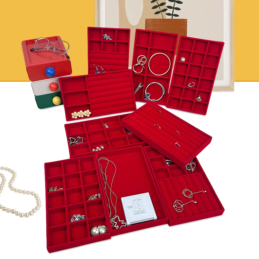 Flocking Jewelry Box Tray Velvet Organizer | Elegant Red Jewelry Packaging Display Box for Rings Earrings Bracelets | Custom Logo Gift Box Storage Packaging Flocking Jewelry Box Tray Velvet Organizer | Elegant Red Jewelry Packaging Display Box for Rings Earrings Bracelets | Custom Logo Gift Box Storage Packaging
