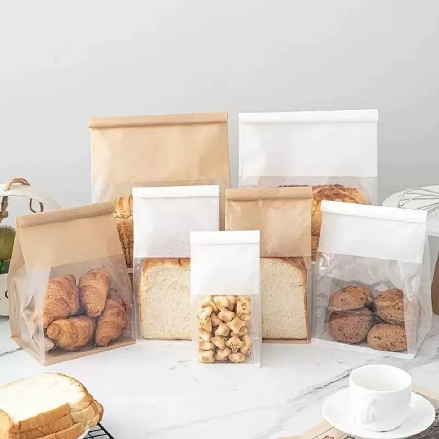 10 Pack Kraft Paper Bread Bags with Transparent Window – Oil-Resistant Toast, Cookie, and Breakfast Packaging Pouches for Party Food and Homemade Baked Goods 4