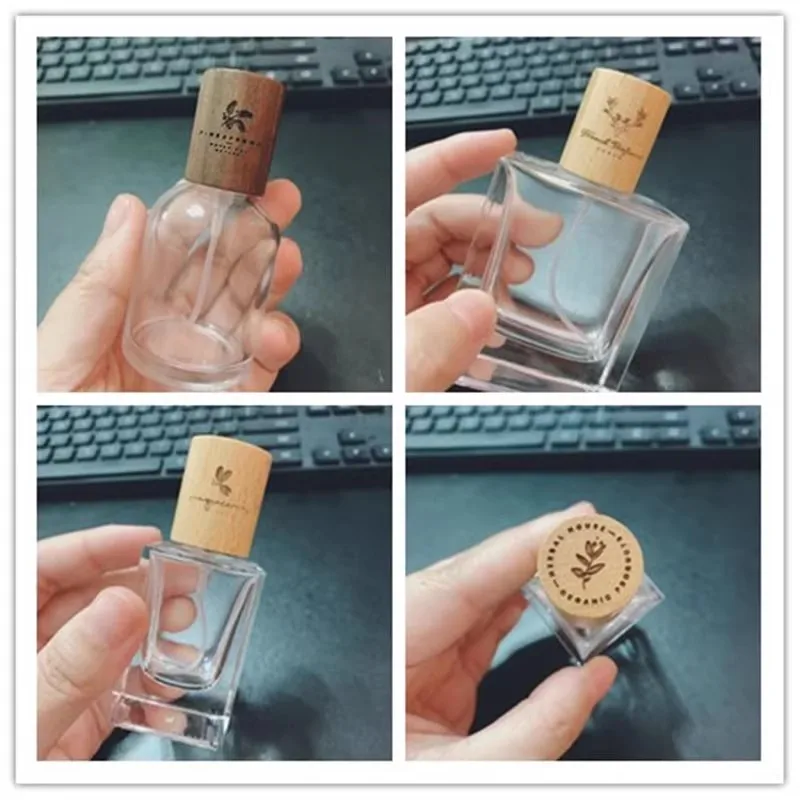 5PCS 50ML Premium Refillable Glass Perfume Bottles, Empty Spray Containers with Elegant Wood Caps, Crimp Neck Bayonet Atomizer Bottles for Travel, Cosmetic Display, Boutique Retail and Luxury Gift Packaging 5