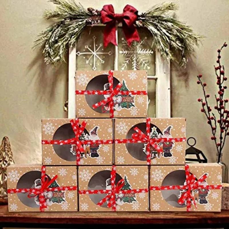 12pcs Christmas Cookie and Doughnut Paper Boxes with Clear Window, Bakery Gift Boxes with Festive Ribbons for Holiday Parties, Treat Packaging, Holiday Cookie Gift Presentation - 图片 4