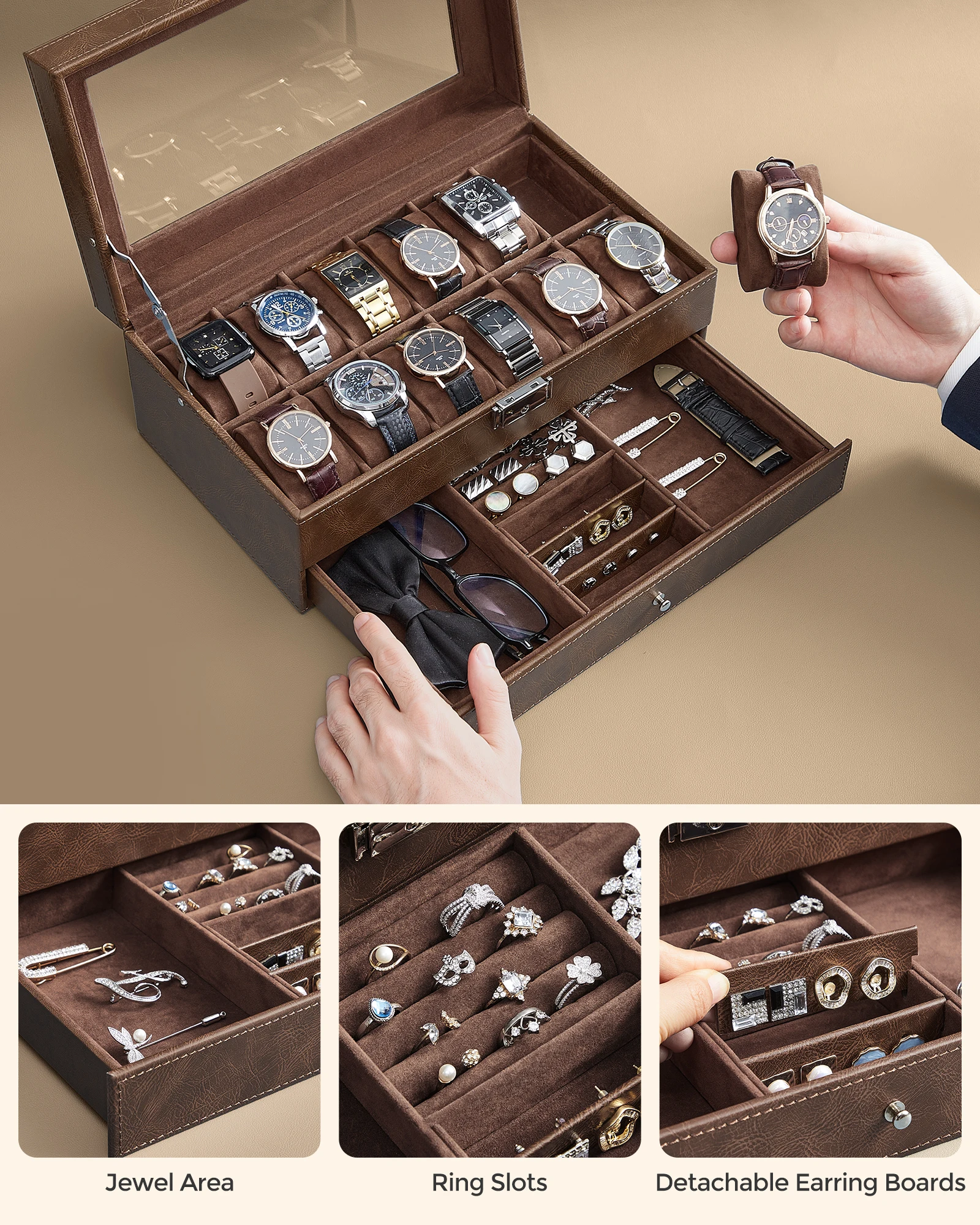 12-Slot Watch Box with Lockable Glass Lid and 2-Layer Design, Velvet-Lined Jewelry Storage Case with Bottom Drawer for Rings, Bracelets, Necklaces, and Accessories, Elegant Display Organizer for Home or Travel - 图片 5