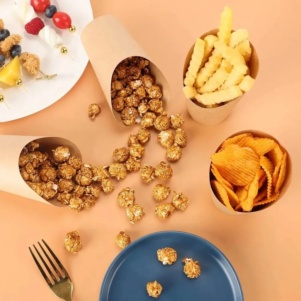 100PCS Kraft Paper French Fry Cups, Disposable Snack Containers, Charcuterie and Dessert Holders, Oil-Resistant Baking Cups for Takeout, Parties, Weddings, and Catering 1