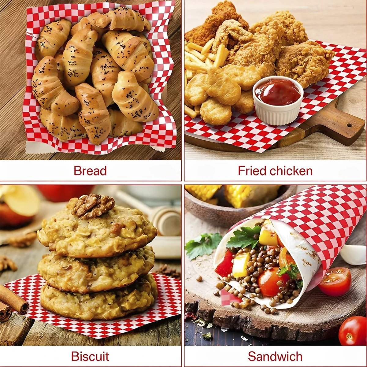 400-Pack Food-Grade Greaseproof Paper Sheets for Sandwiches, Burgers, Fries, & Snacks, Checkered Design, Microwave & Freezer Safe, Bulk Disposable Liners for Catering, Party, Restaurant Use - 图片 4