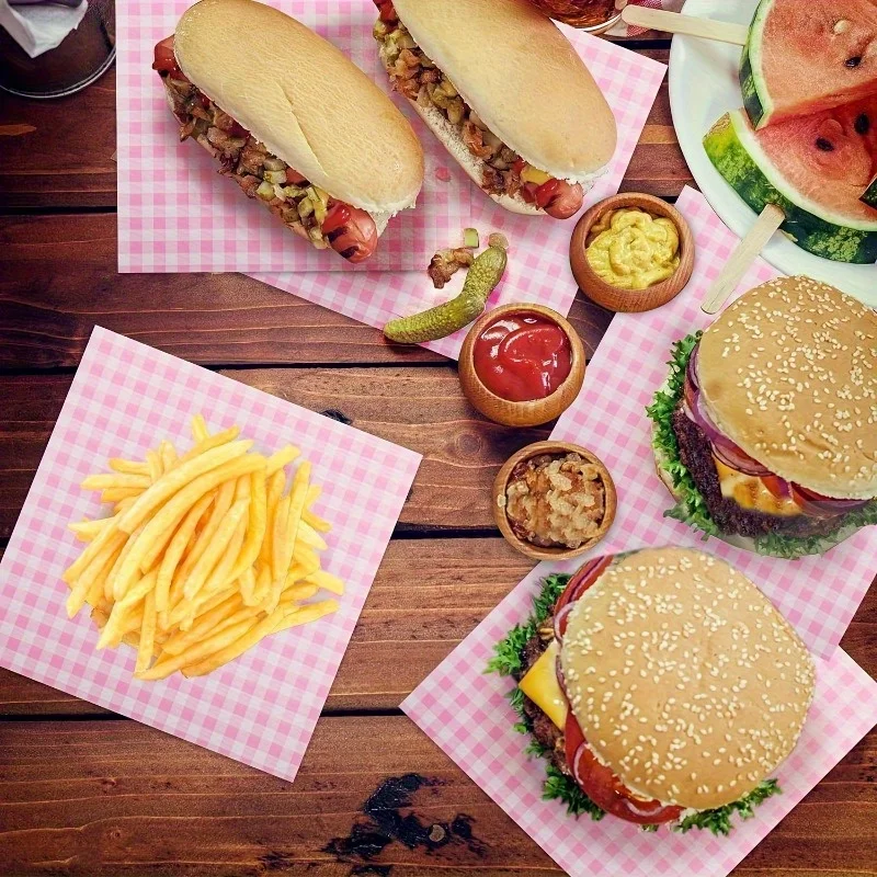 100PCS Pink Grease-Resistant Food Wrapping Paper Sheets 18×18cm Square Coated Oil-Proof Liners for Sandwiches, Pastries, Fried Food, Bread & Desserts – Disposable Baking and Serving Paper for Restaurants and Homes