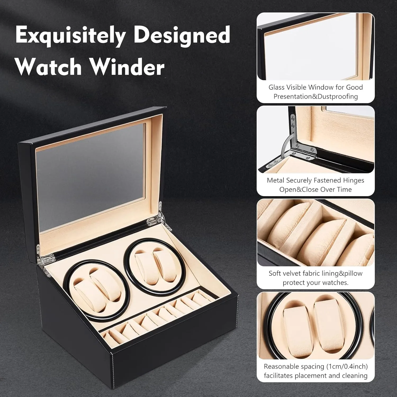 Travel Watch Winder | Automatic Watch Winder Case 4+6 Display Slots, Silent Motor Leather & Wood Organizer Box with Piano Finish, Dual Rotation Modes, Glass Cover, Black/Khaki Modern Collector Storage with US Plug - 图片 5