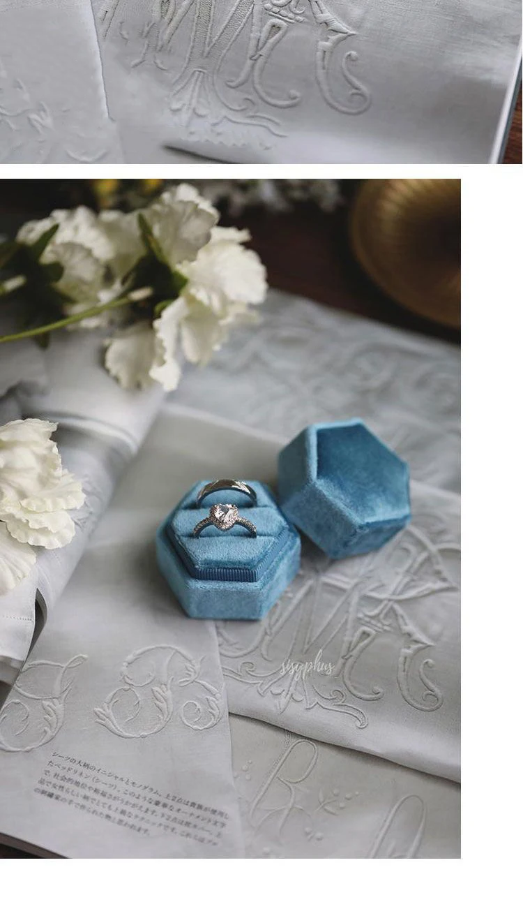 Vintage Hexagon Velvet Jewelry Double Ring Packaging Box | Elegant Engagement Wedding Ring Holder | Velvet Empty Case for Ceremony, Proposal, Valentine’s Gift Organizer Display