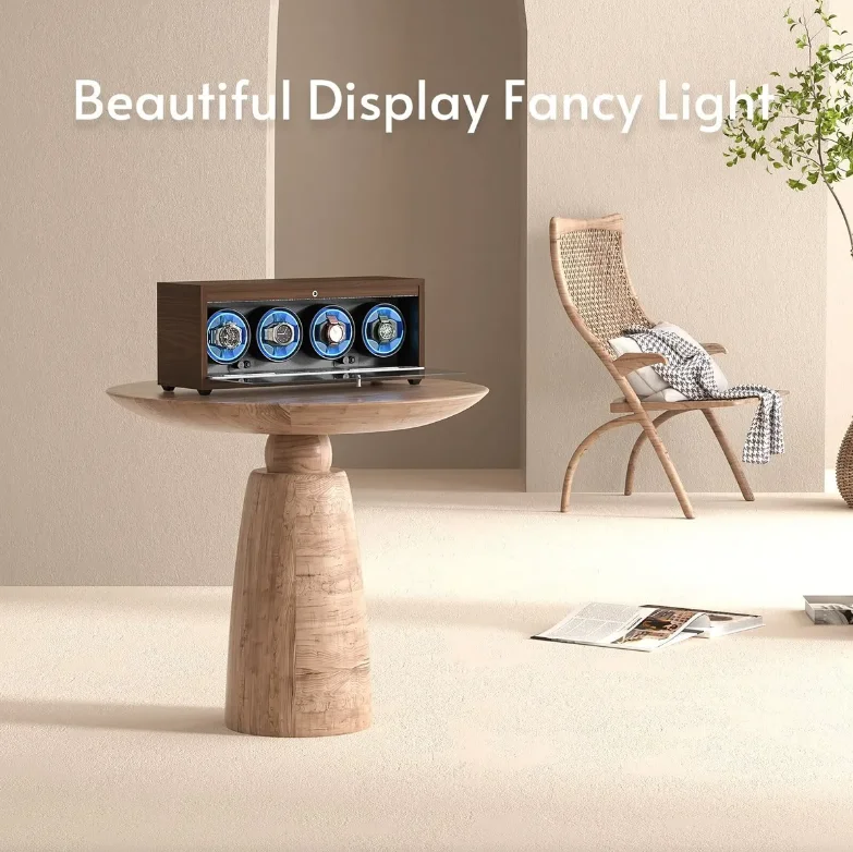 Automatic Watch Winder Box for Luxury Timepieces with 4 Slots, Ultra Quiet Japanese Motor, LED Blue Light, 6 Rotation Modes, Black Walnut Finish, PU Interior, Cover Stop Sensor, AC Adapter and Accessories