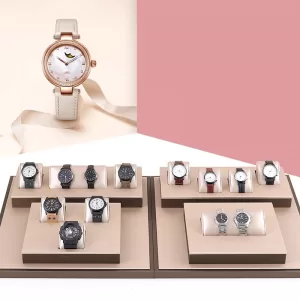 Luxury Brown Leatherette Watch Display Stand Holder – Retail Store Counter and Window Organizer for Watch Presentation, Ramp Base Desk Prop for Jewelry Shop Showcase and Professional Display Use