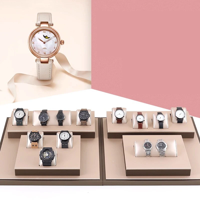 Luxury Brown Leatherette Watch Display Stand Holder – Retail Store Counter and Window Organizer for Watch Presentation, Ramp Base Desk Prop for Jewelry Shop Showcase and Professional Display Use - 图片 2